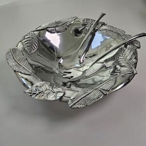 Mariposa Salad Bowl Set Unisex Large Silver Aluminum Brillante Leaf Serveware